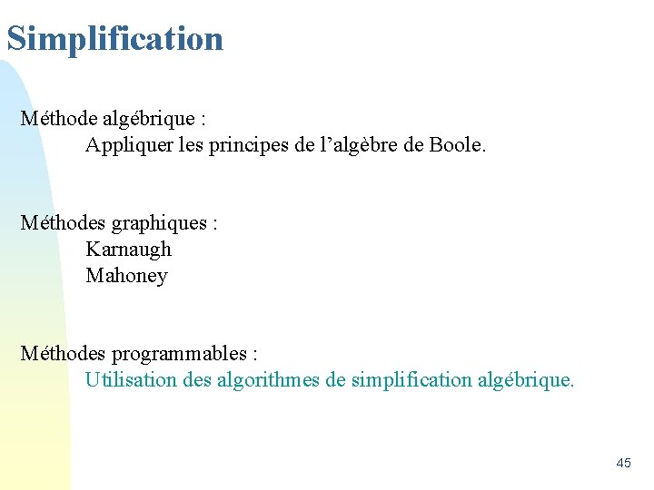 Simplification Méthode algébrique : Appliquer les principes de l’algèbre de Boole. Méthodes graphiques :