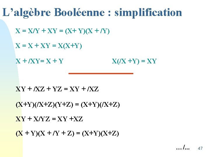 L’algèbre Booléenne : simplification X = X/Y + XY = (X+ Y)(X + /Y)