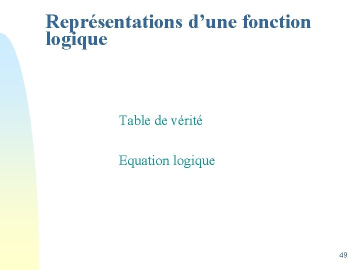 Représentations d’une fonction logique Table de vérité Equation logique 49 