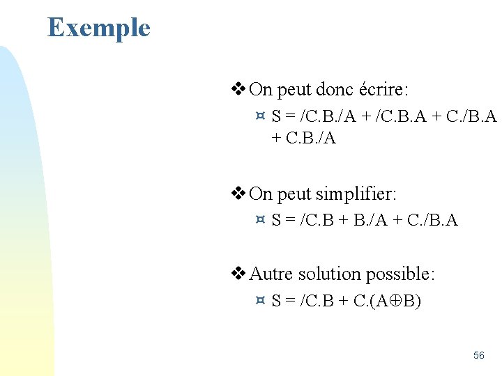 Exemple v On peut donc écrire: ¤ S = /C. B. /A + /C.