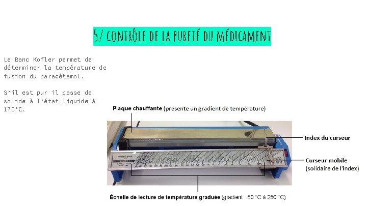 5/ contrôle de la pureté du médicament Le Banc Kofler permet de déterminer la