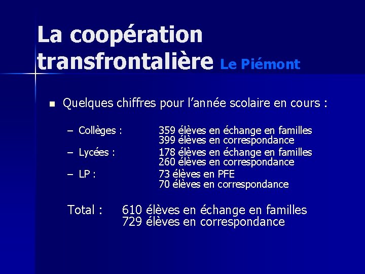 La coopération transfrontalière Le Piémont n Quelques chiffres pour l’année scolaire en cours :