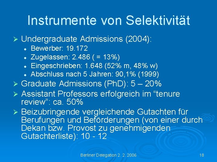 Instrumente von Selektivität Ø Undergraduate Admissions (2004): l l Bewerber: 19. 172 Zugelassen: 2.