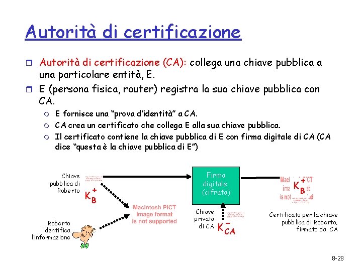 Autorità di certificazione r Autorità di certificazione (CA): collega una chiave pubblica a una