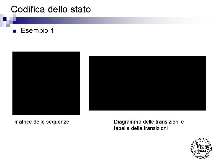 Codifica dello stato n Esempio 1 matrice delle sequenze Diagramma delle transizioni e tabella