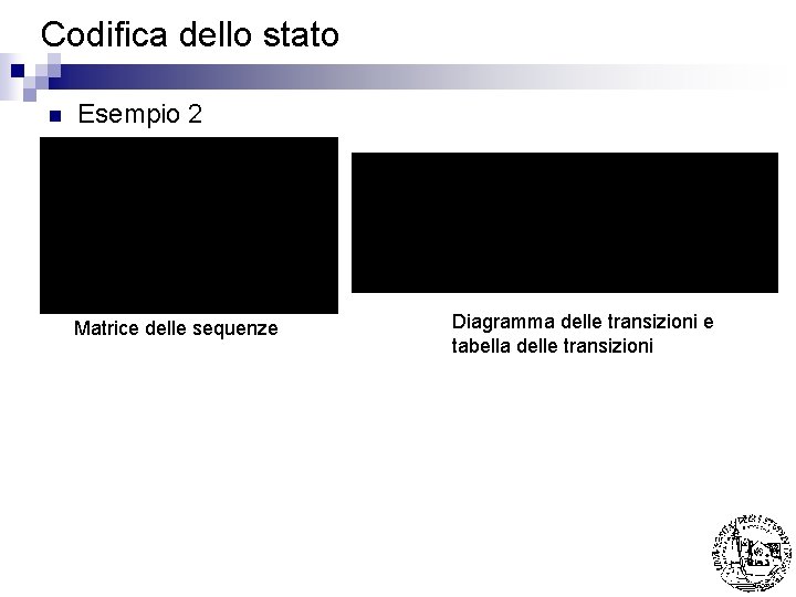 Codifica dello stato n Esempio 2 Matrice delle sequenze Diagramma delle transizioni e tabella