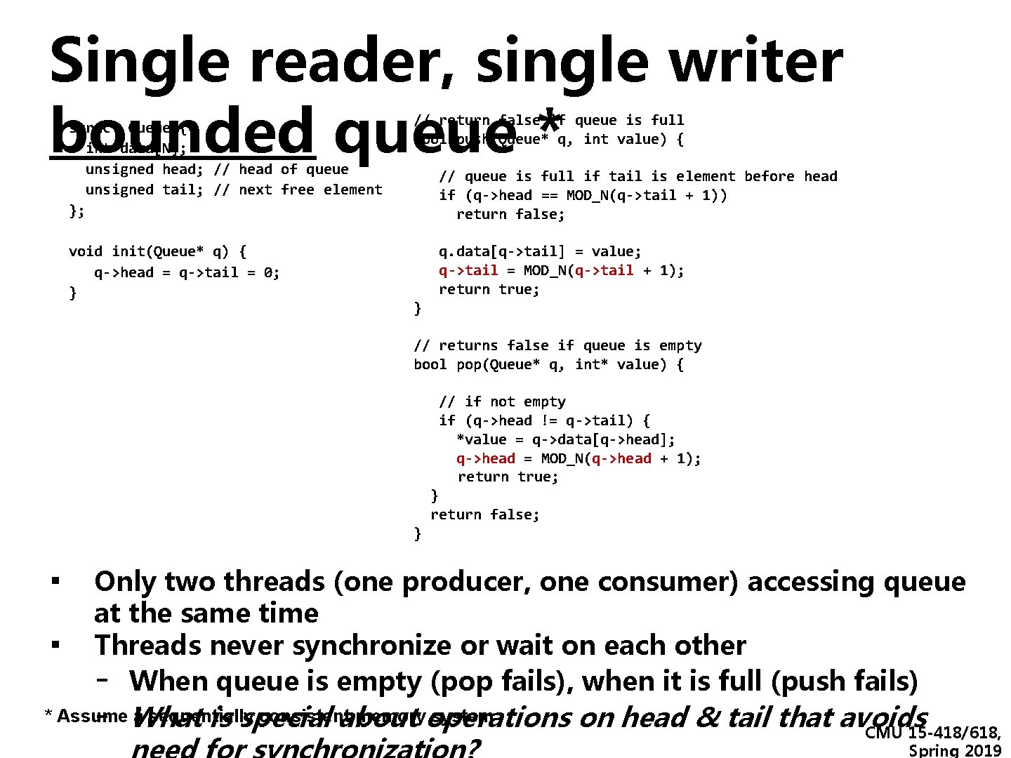 Single reader, single writer bounded queue * struct Queue { int data[N]; unsigned head;