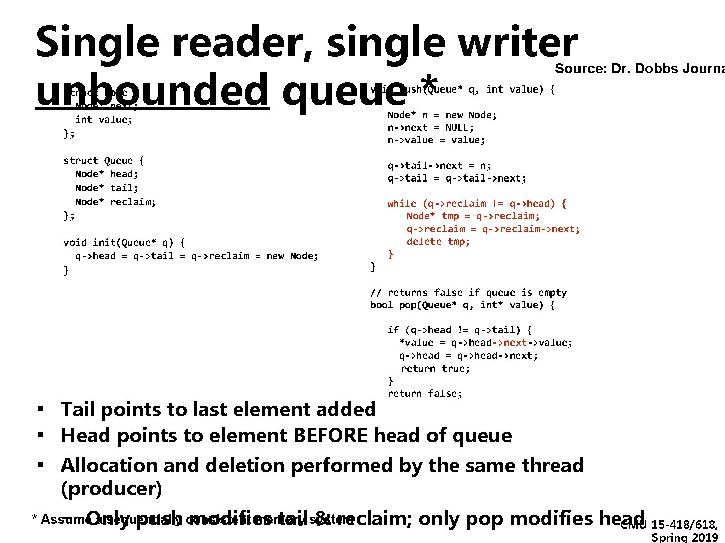 Single reader, single writer unbounded queue * Source: Dr. Dobbs Journa struct Node { Single reader, single writer unbounded queue * Source: Dr. Dobbs Journa struct Node {
