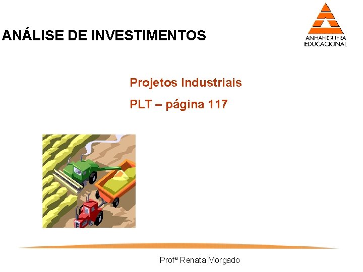 ANÁLISE DE INVESTIMENTOS Projetos Industriais PLT – página 117 Profª Renata Morgado 