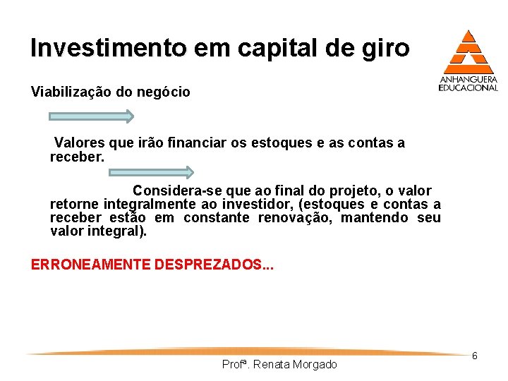 Investimento em capital de giro Viabilização do negócio Valores que irão financiar os estoques