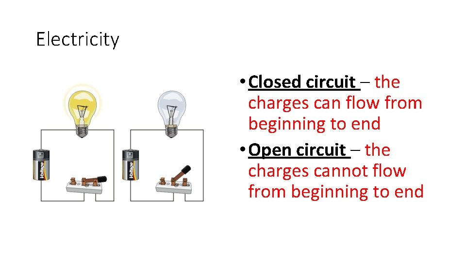 Electricity • Closed circuit – the charges can flow from beginning to end •