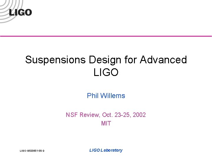 Suspensions Design for Advanced LIGO Phil Willems NSF Review, Oct. 23 -25, 2002 MIT