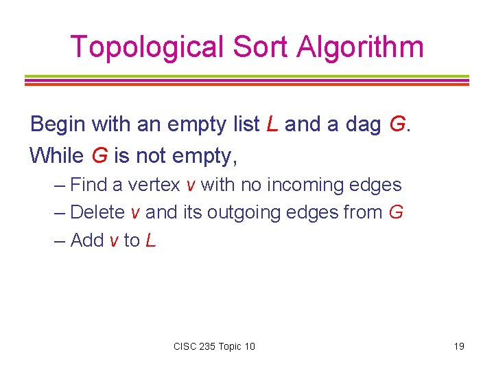 Topological Sort Algorithm Begin with an empty list L and a dag G. While