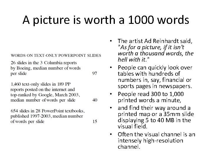 A picture is worth a 1000 words • The artist Ad Reinhardt said, "As