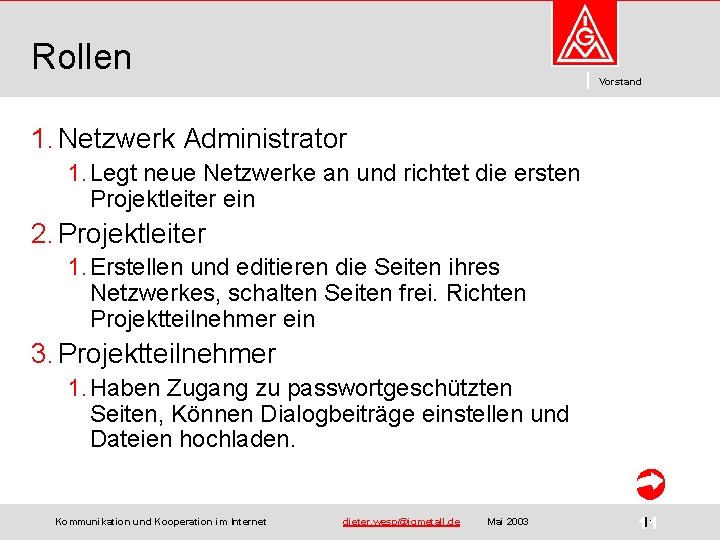 Rollen Vorstand 1. Netzwerk Administrator 1. Legt neue Netzwerke an und richtet die ersten