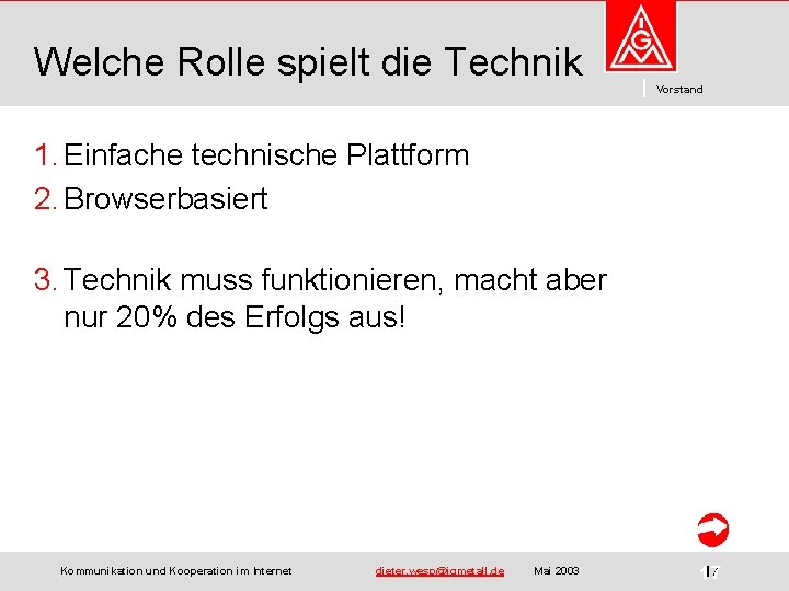 Welche Rolle spielt die Technik Vorstand 1. Einfache technische Plattform 2. Browserbasiert 3. Technik