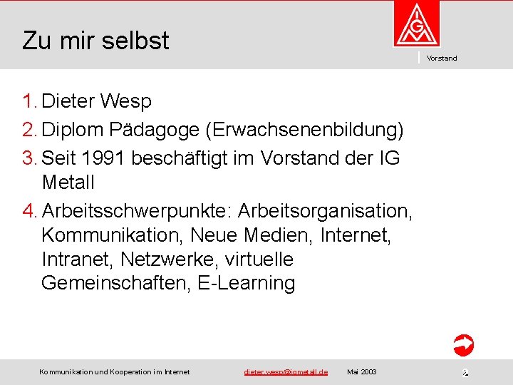 Zu mir selbst Vorstand 1. Dieter Wesp 2. Diplom Pädagoge (Erwachsenenbildung) 3. Seit 1991