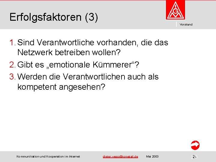 Erfolgsfaktoren (3) Vorstand 1. Sind Verantwortliche vorhanden, die das Netzwerk betreiben wollen? 2. Gibt