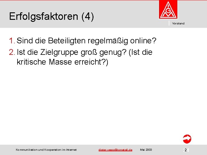 Erfolgsfaktoren (4) Vorstand 1. Sind die Beteiligten regelmäßig online? 2. Ist die Zielgruppe groß