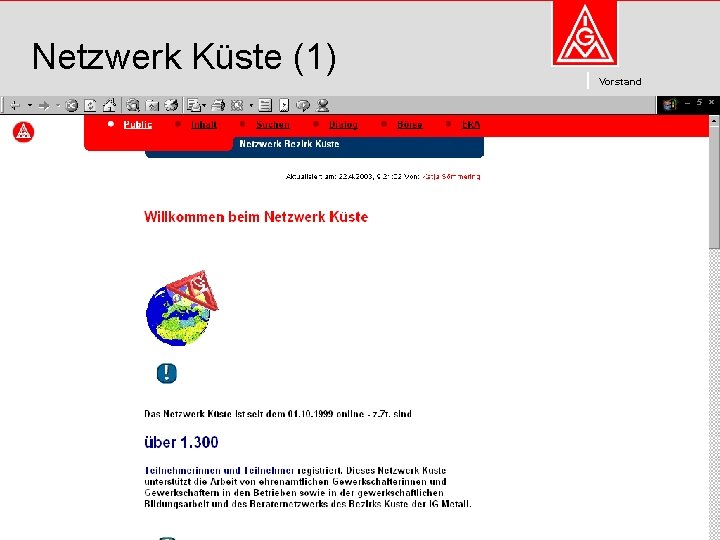 Netzwerk Küste (1) Vorstand Kommunikation und Kooperation im Internet dieter. wesp@igmetall. de Mai 2003