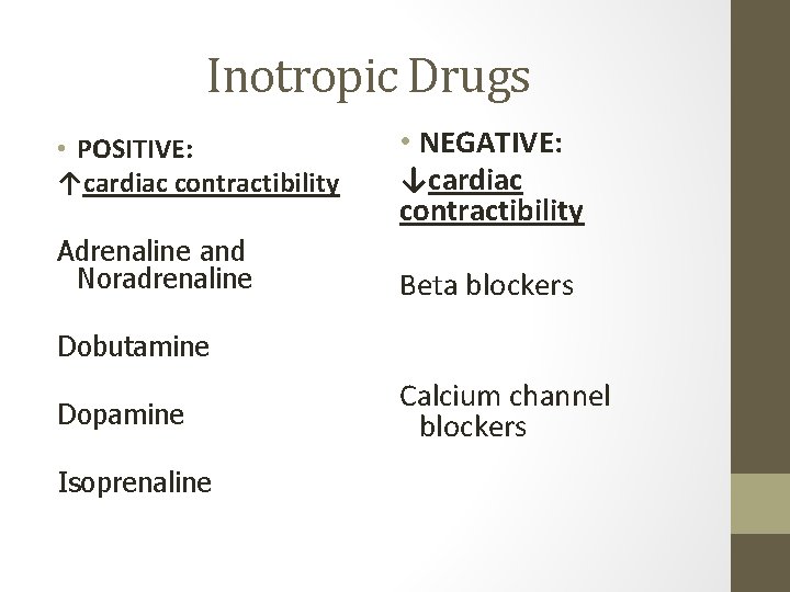 Inotropic Drugs • POSITIVE: ↑cardiac contractibility Adrenaline and Noradrenaline • NEGATIVE: ↓cardiac contractibility Beta