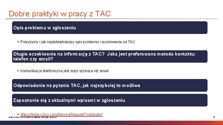 Dobre praktyki w pracy z TAC Opis problemu w zgłoszeniu • Precyzyjny i jak