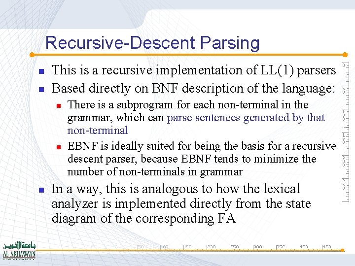 Recursive-Descent Parsing n n This is a recursive implementation of LL(1) parsers Based directly