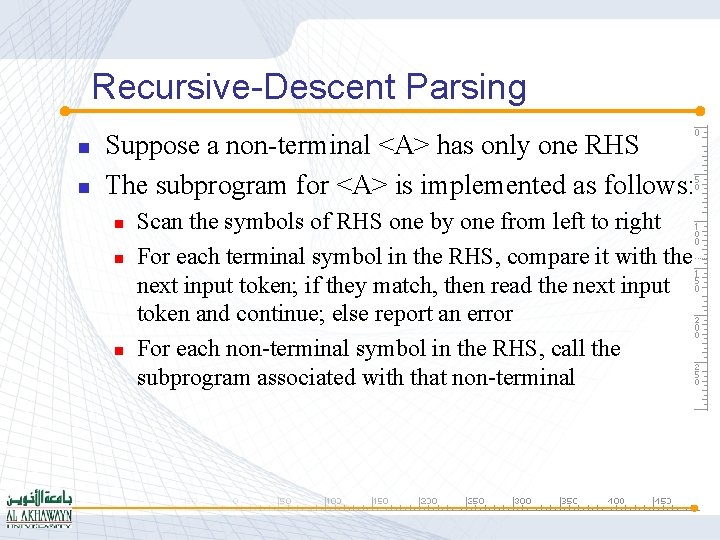 Recursive-Descent Parsing n n Suppose a non-terminal <A> has only one RHS The subprogram