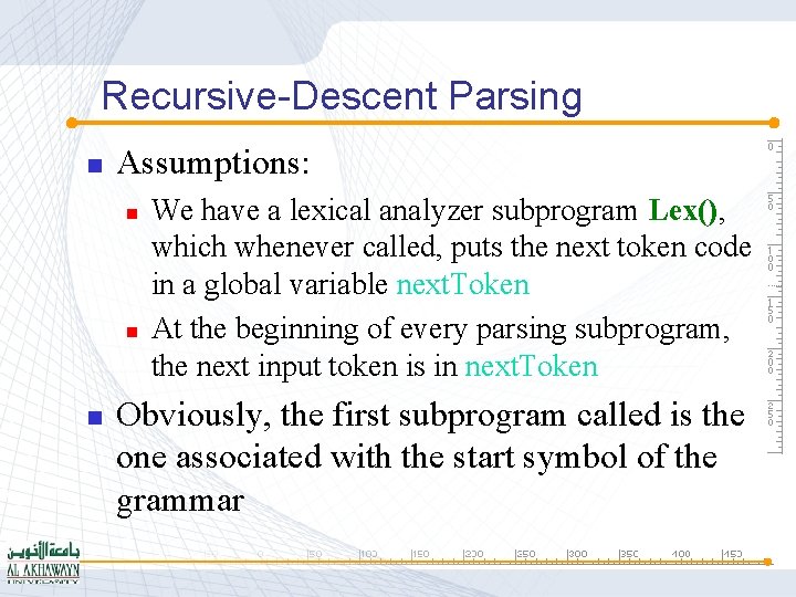 Recursive-Descent Parsing n Assumptions: n n n We have a lexical analyzer subprogram Lex(),