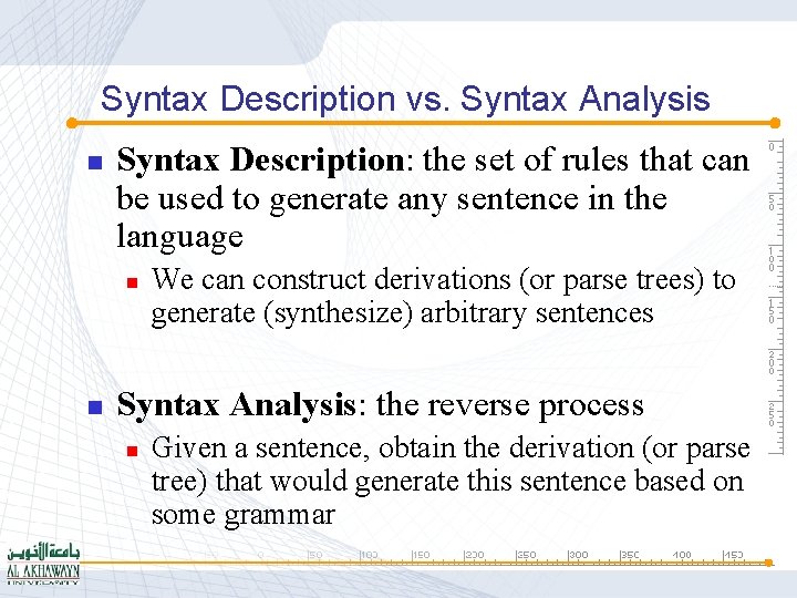 Syntax Description vs. Syntax Analysis n Syntax Description: the set of rules that can