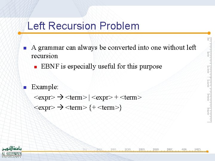 Left Recursion Problem n n A grammar can always be converted into one without