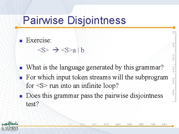 Pairwise Disjointness n n Exercise: <S>a | b What is the language generated by