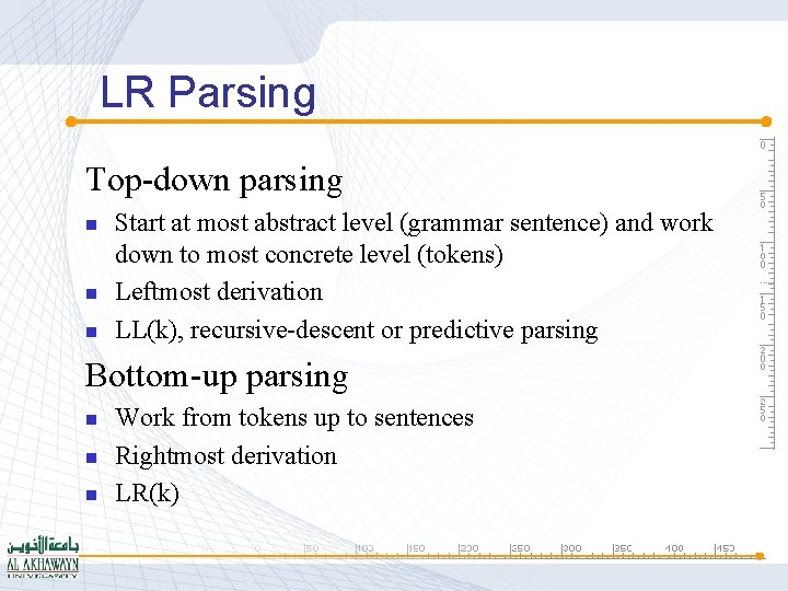 LR Parsing Top-down parsing n n n Start at most abstract level (grammar sentence)