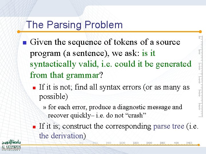 The Parsing Problem n Given the sequence of tokens of a source program (a