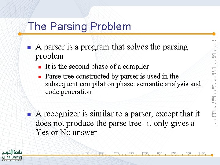 The Parsing Problem n A parser is a program that solves the parsing problem