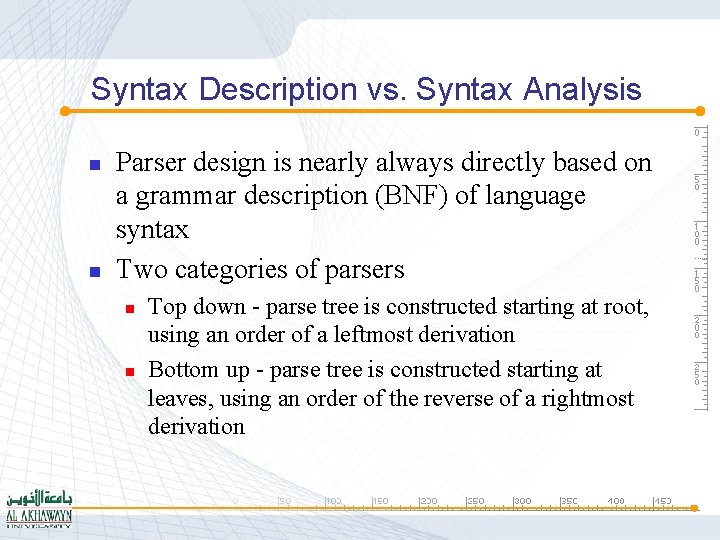 Syntax Description vs. Syntax Analysis n n Parser design is nearly always directly based