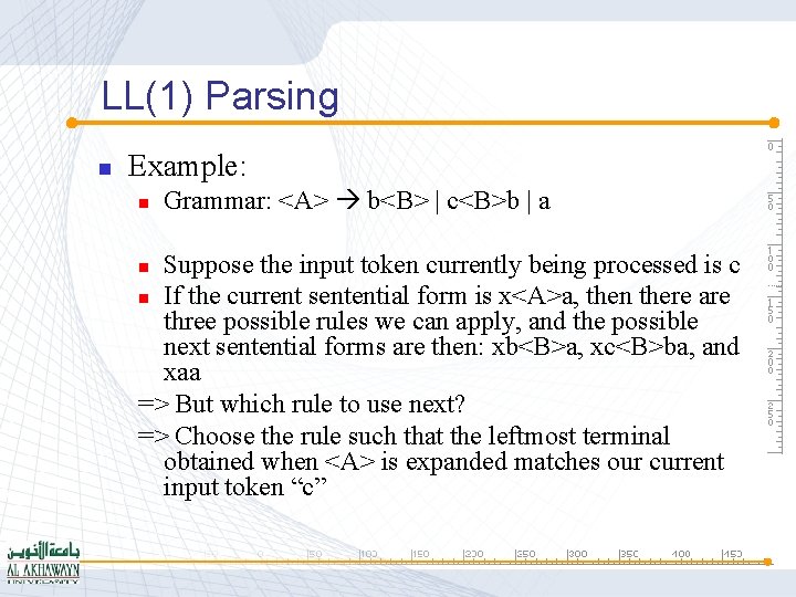 LL(1) Parsing n Example: n Grammar: <A> b<B> | c<B>b | a Suppose the