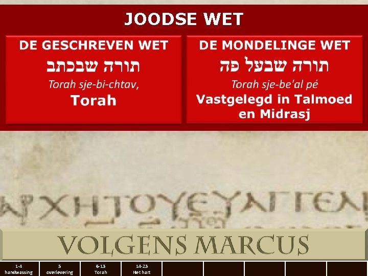 JOODSE WET 1 -4 handwassing 5 overlevering 6 -13 Torah 14 -23 Het hart