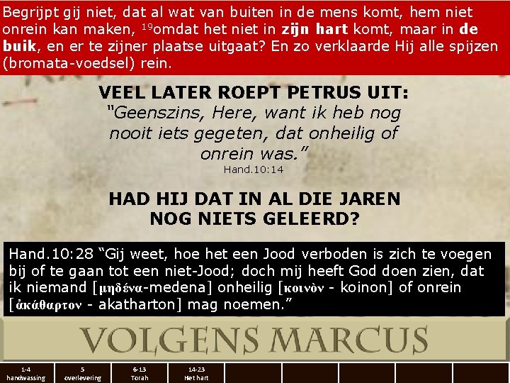 Begrijpt gij niet, dat al wat van buiten in de mens komt, hem niet