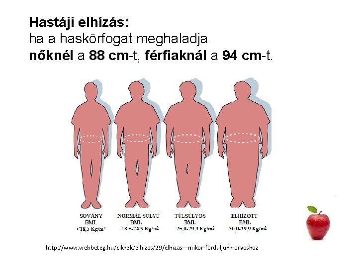 Hastáji elhízás: ha a haskörfogat meghaladja nőknél a 88 cm-t, férfiaknál a 94 cm-t.