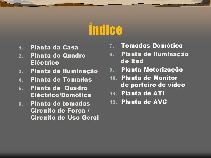 Índice 1. 2. 3. 4. 5. 6. Planta da Casa Planta do Quadro Eléctrico