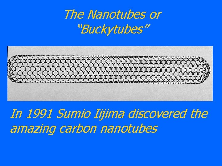 The Nanotubes or “Buckytubes” In 1991 Sumio Iijima discovered the amazing carbon nanotubes 