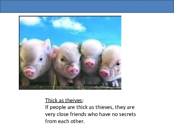 Thick as theives: If people are thick as thieves, they are very close friends