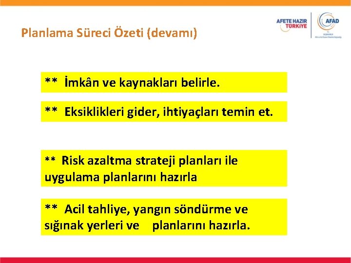 Planlama Süreci Özeti (devamı) ** İmkân ve kaynakları belirle. ** Eksiklikleri gider, ihtiyaçları temin