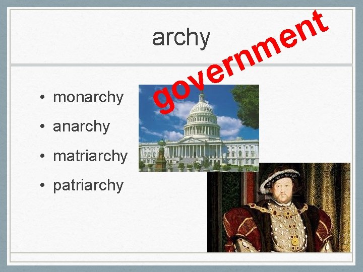 archy • monarchy • anarchy • matriarchy • patriarchy o g e v m