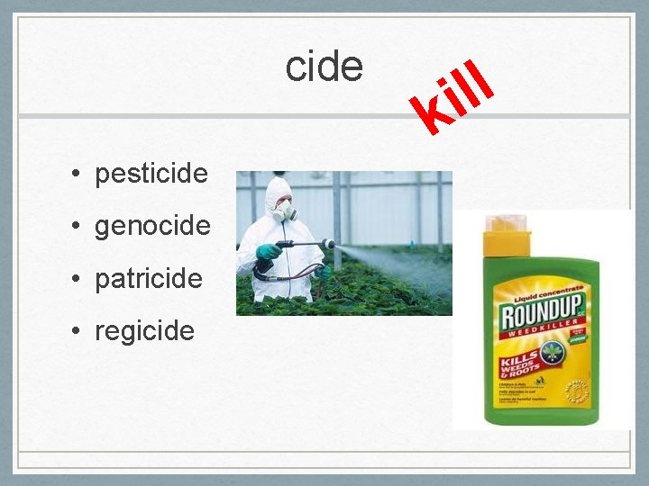 cide • pesticide • genocide • patricide • regicide l l i k 