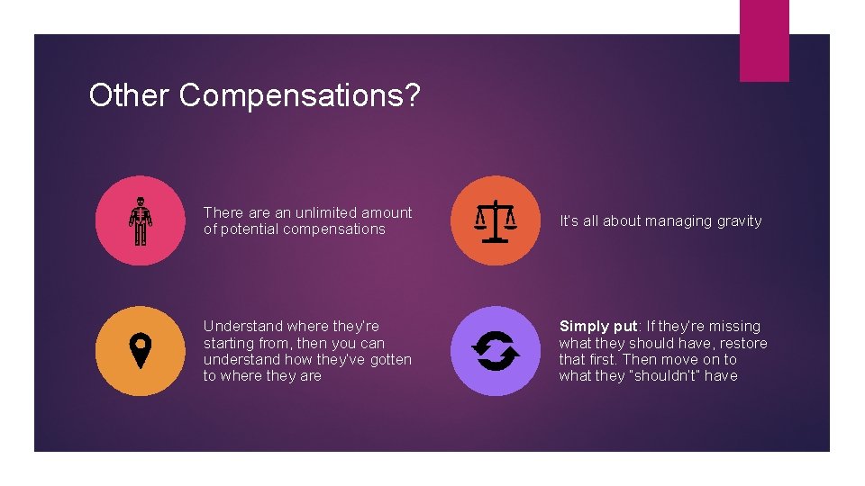 Other Compensations? There an unlimited amount of potential compensations It’s all about managing gravity