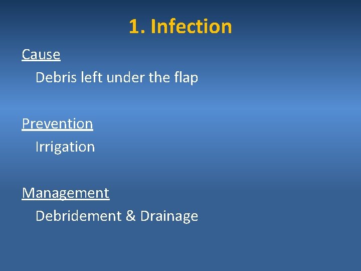 1. Infection Cause Debris left under the flap Prevention Irrigation Management Debridement & Drainage