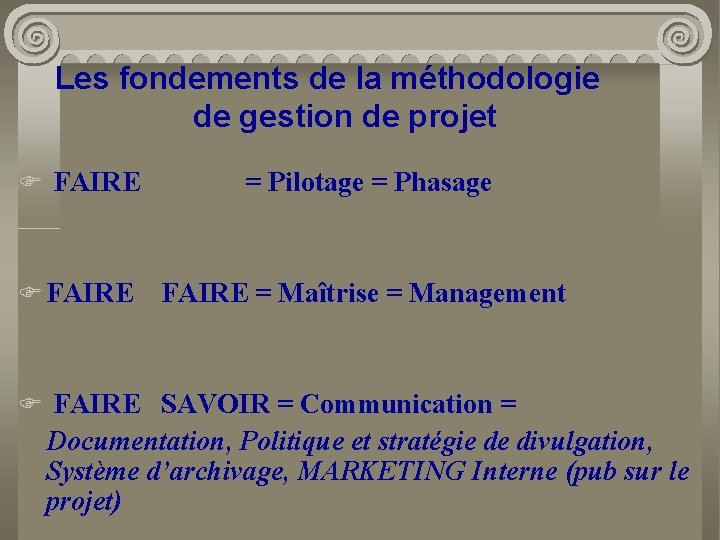 Les fondements de la méthodologie de gestion de projet F FAIRE = Pilotage =