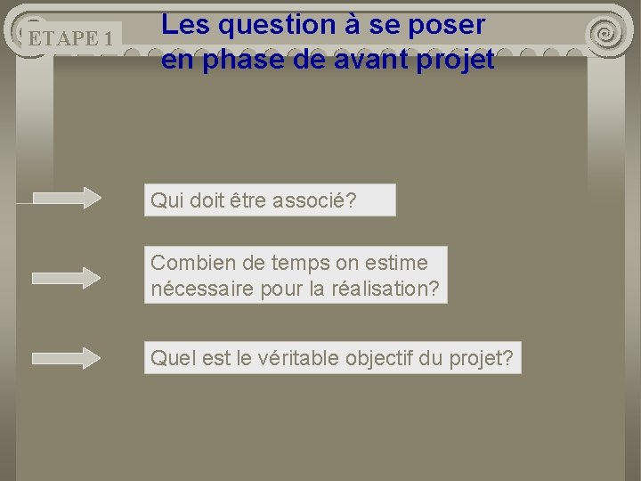 ETAPE 1 Les question à se poser en phase de avant projet Qui doit